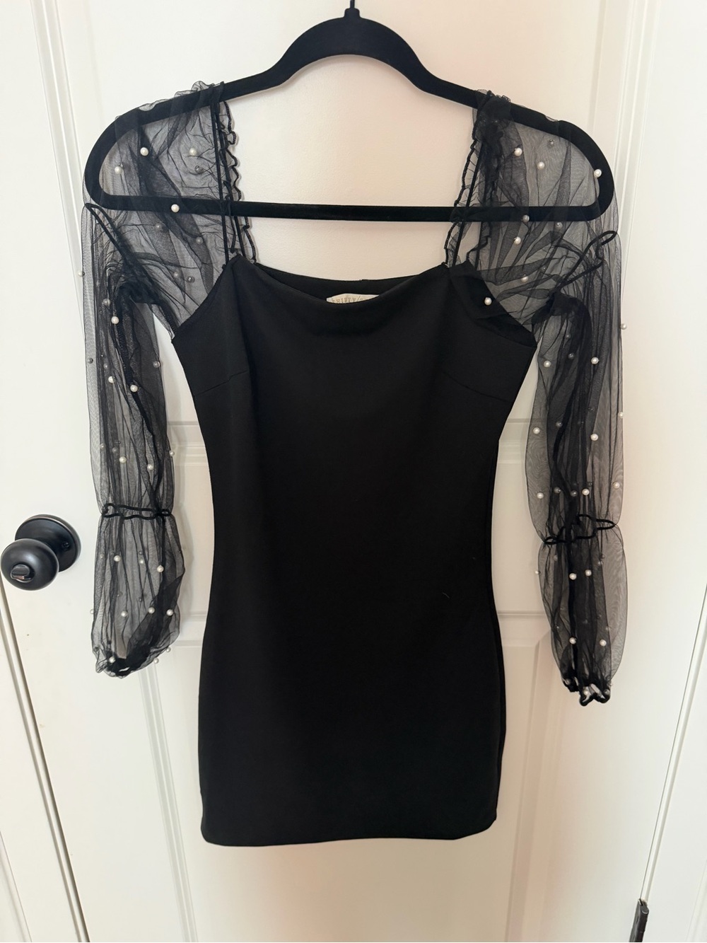 Black Pearl-Embellished Mesh Sleeve Mini Dress